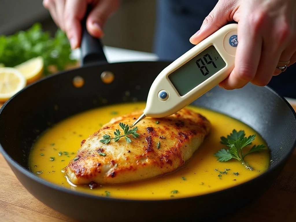 Checking the internal temperature of lemon pepper chicken for juicy results