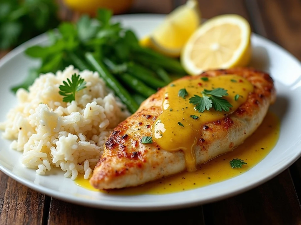 Lemon pepper chicken served with rice and green vegetables