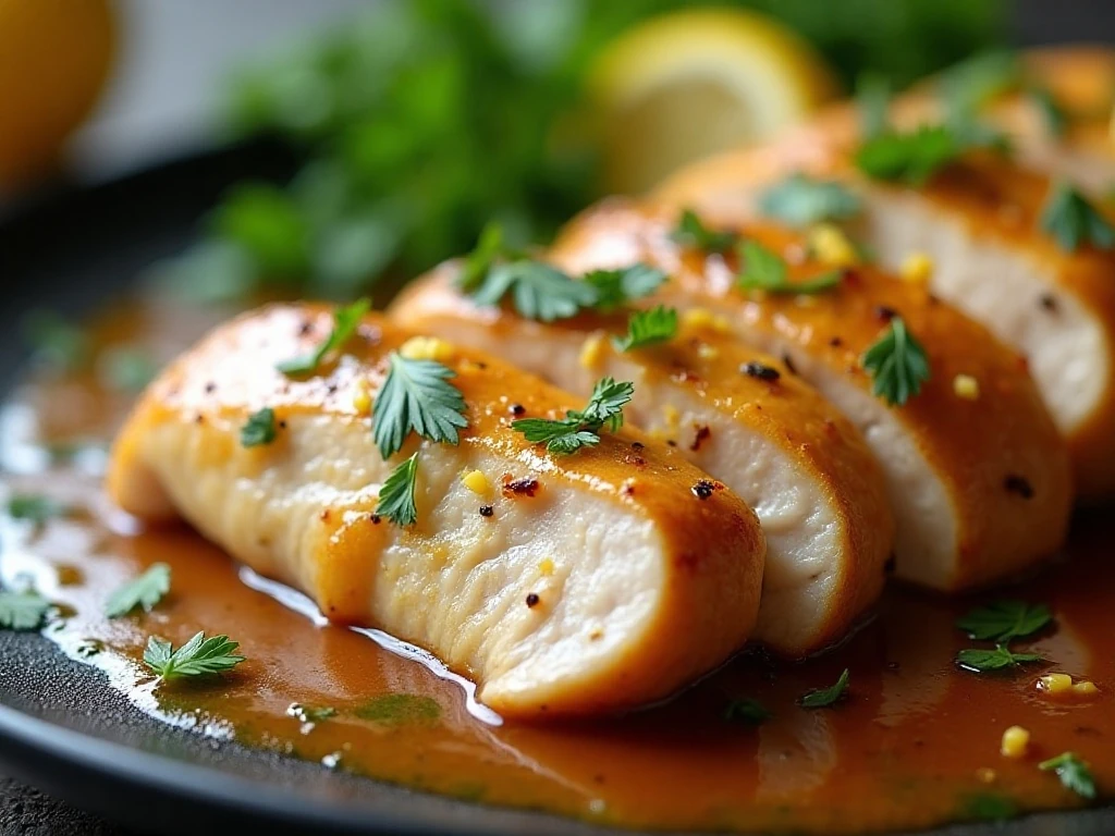 Sliced lemon pepper chicken with lemon sauce and parsley garnish