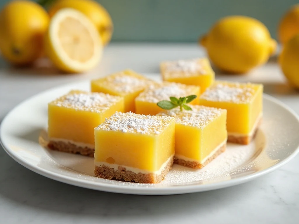 Buttery lemon squares dusted with powdered sugar on a serving plate