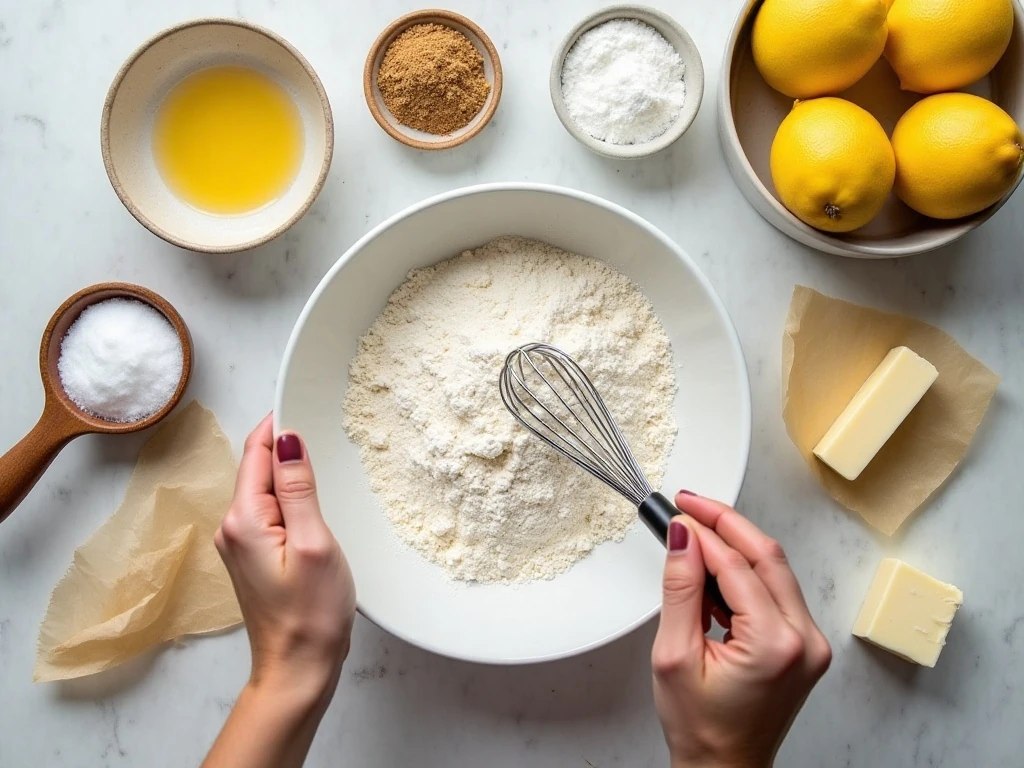 Ingredients for homemade lemon squares arranged on a counter