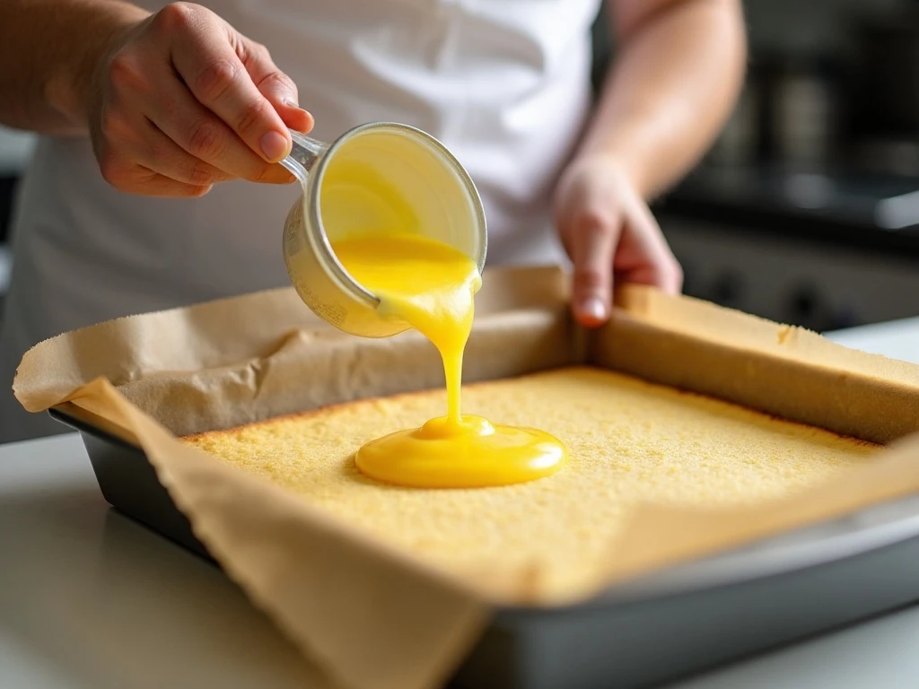 Lemon filling poured over a freshly baked shortbread crust