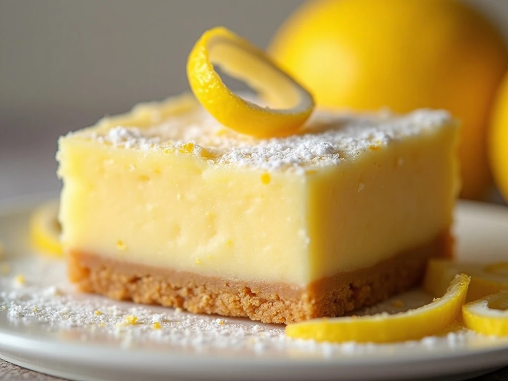 Close-up of zesty lemon filling and powdered sugar on a lemon square