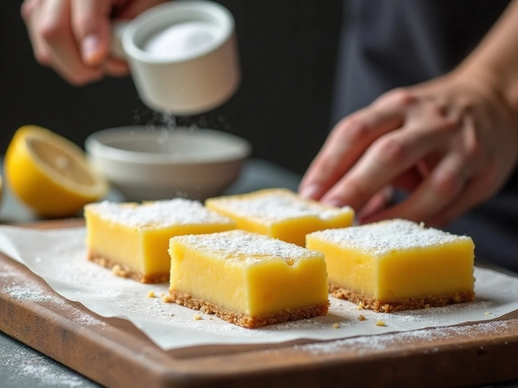 Cleanly cut chilled lemon squares ready to serve