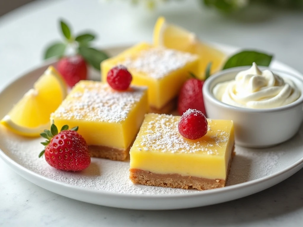 Lemon squares served with berries, lemon slices, and whipped cream