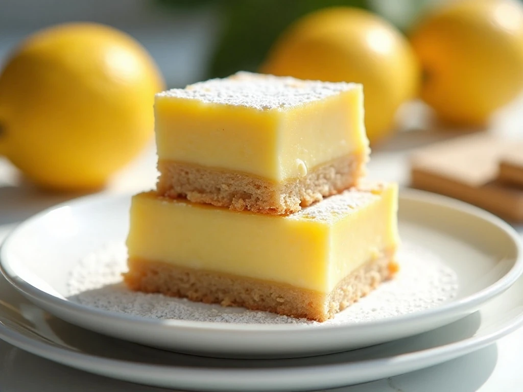 Stack of homemade lemon squares with buttery crust and powdered sugar