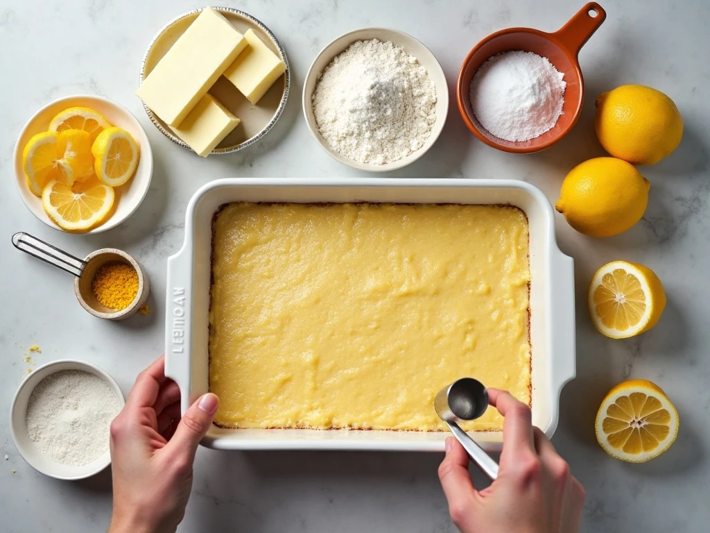 Ingredients for easy lemon squares arranged on a kitchen counter