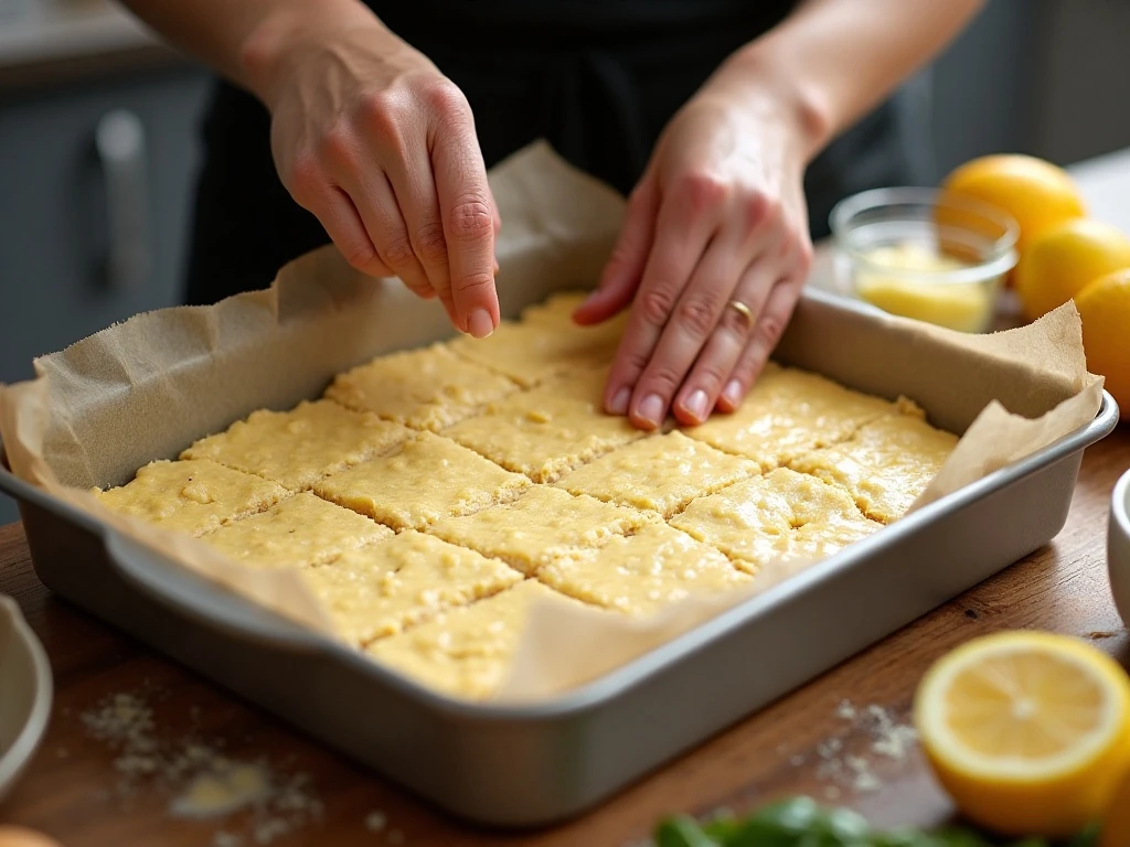 Shortbread crust being pressed into a parchment-lined baking pan