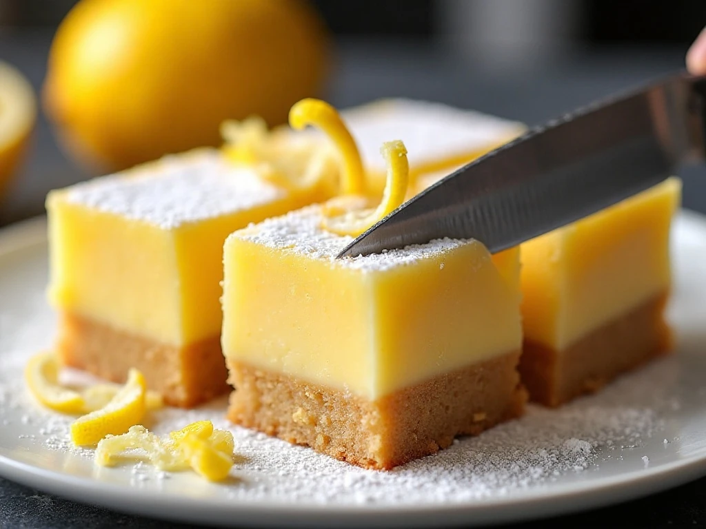 Cleanly sliced lemon square showing shortbread and lemon custard layers