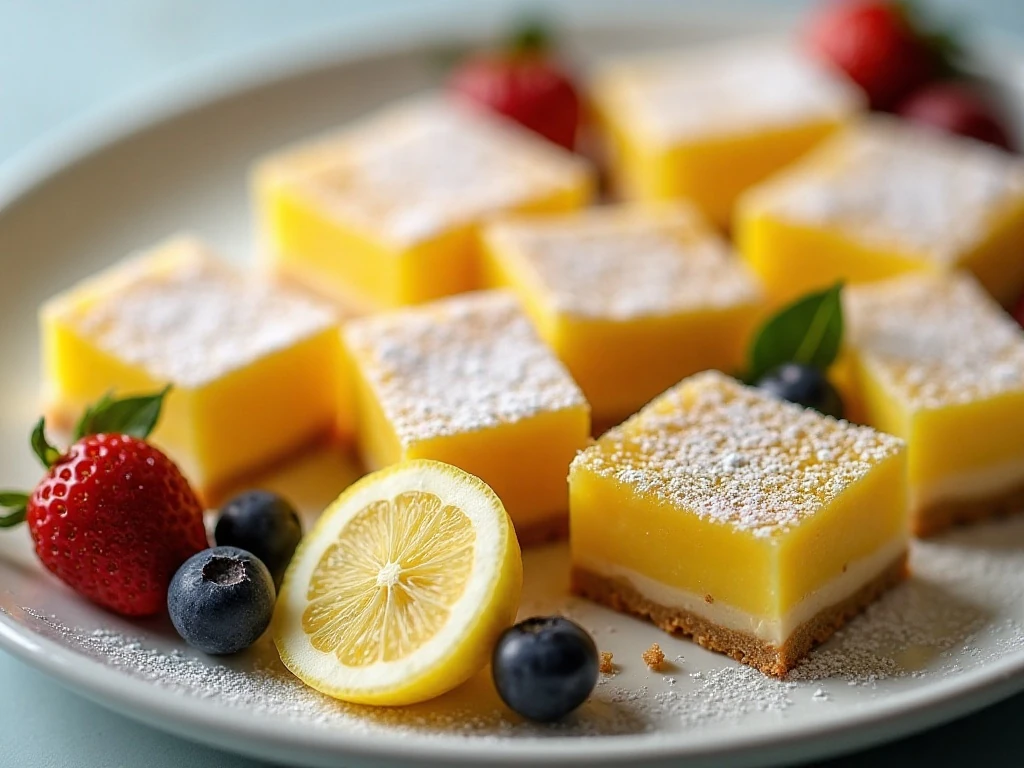 Lemon squares arranged on a serving platter with lemon slices