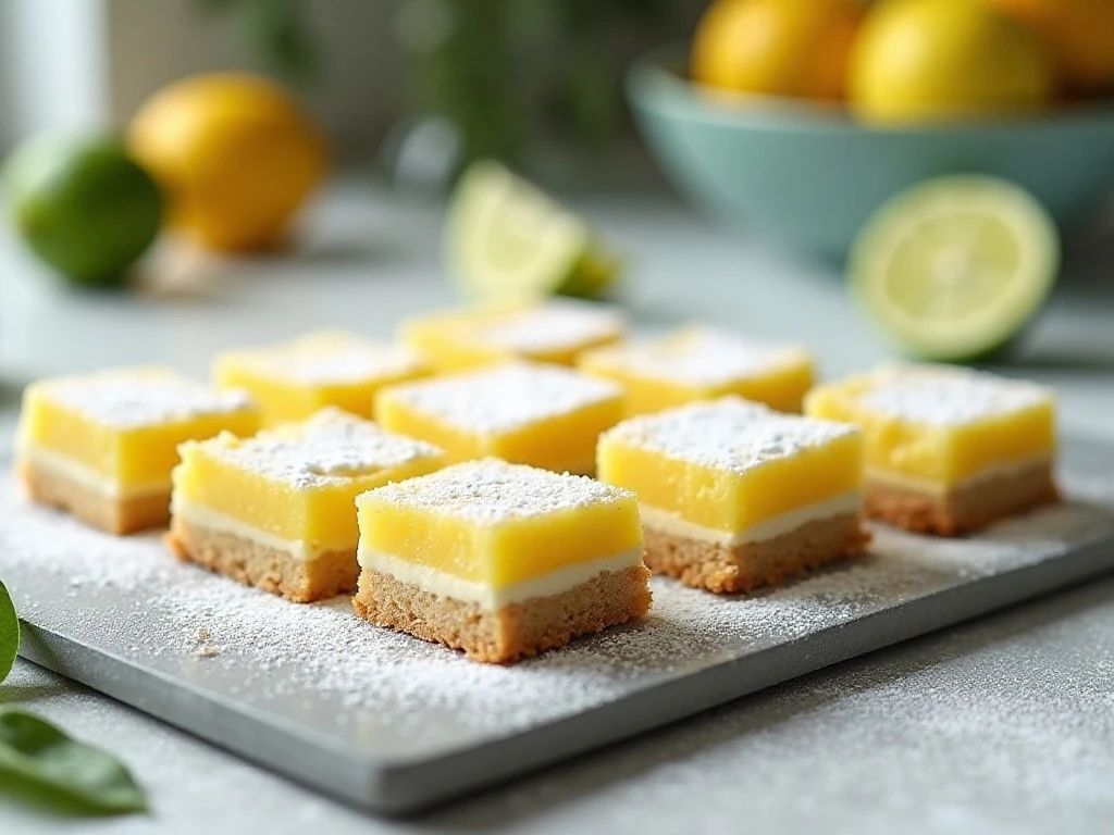 Platter of homemade lime bars with buttery shortbread crust