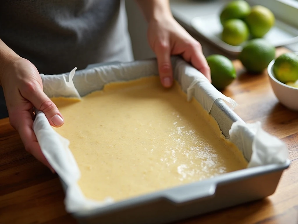 Pressing shortbread crust into a parchment-lined baking pan
