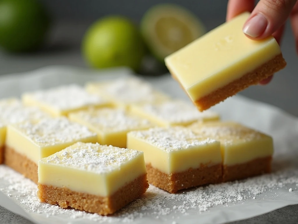 Cleanly cut lime bars showing shortbread crust and lime custard