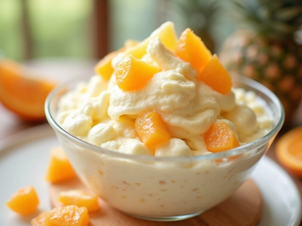 Creamy mandarin orange dessert fluff in a serving bowl