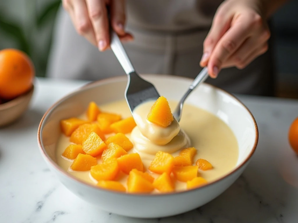 Folding mandarin oranges into creamy dessert mixture