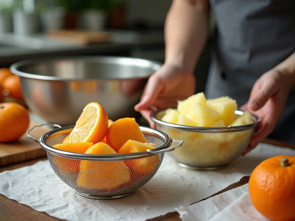 Draining canned fruit for mandarin orange dessert