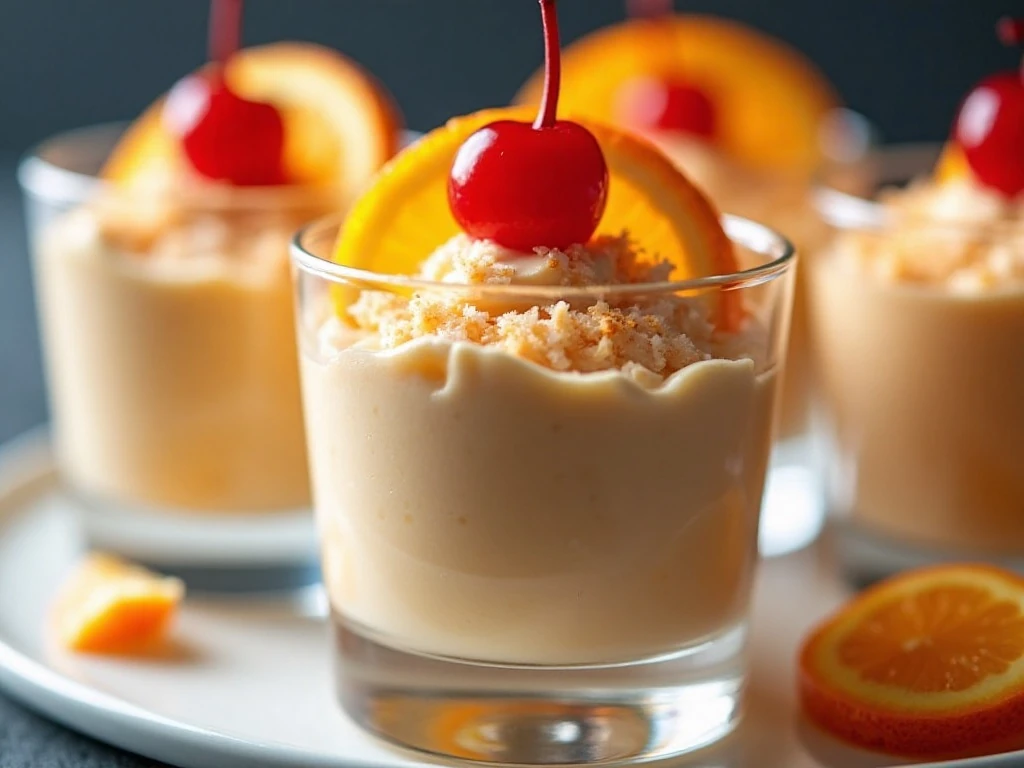 Individual servings of mandarin orange dessert with garnishes