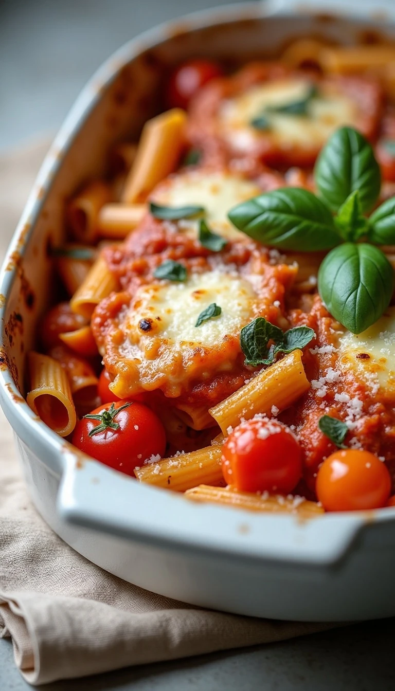 Easy Margherita Pasta Bake Recipe with Tomato, Mozzarella, and Basil