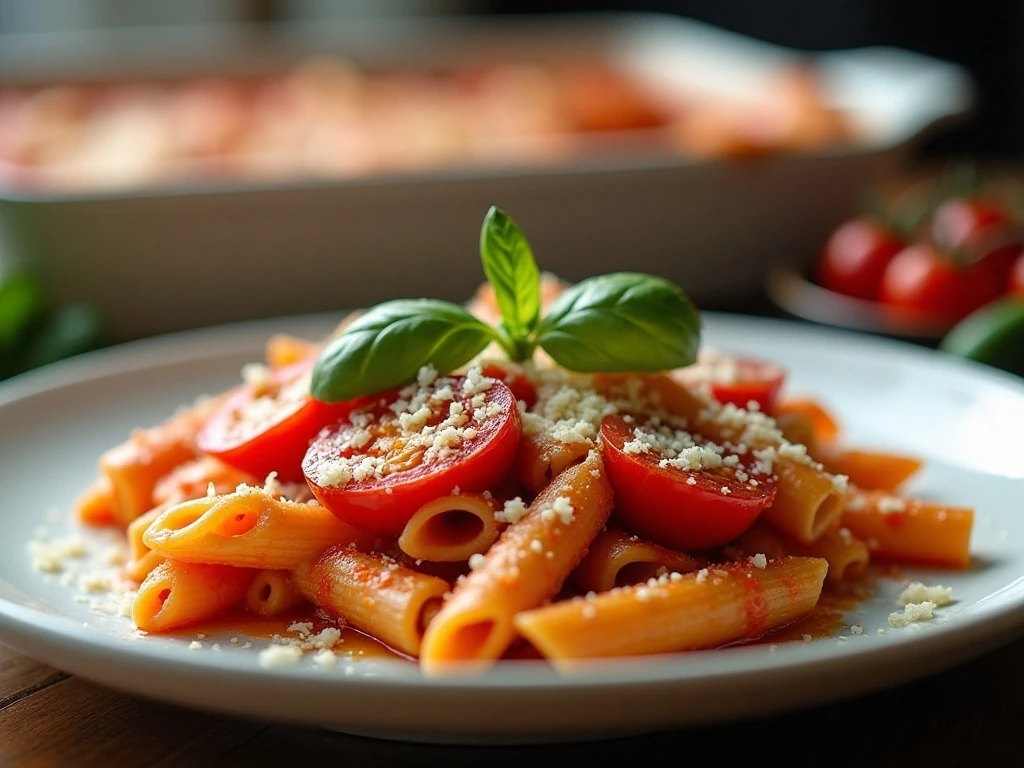Serving of bubbling Margherita pasta bake with mozzarella, cherry tomatoes, and basil