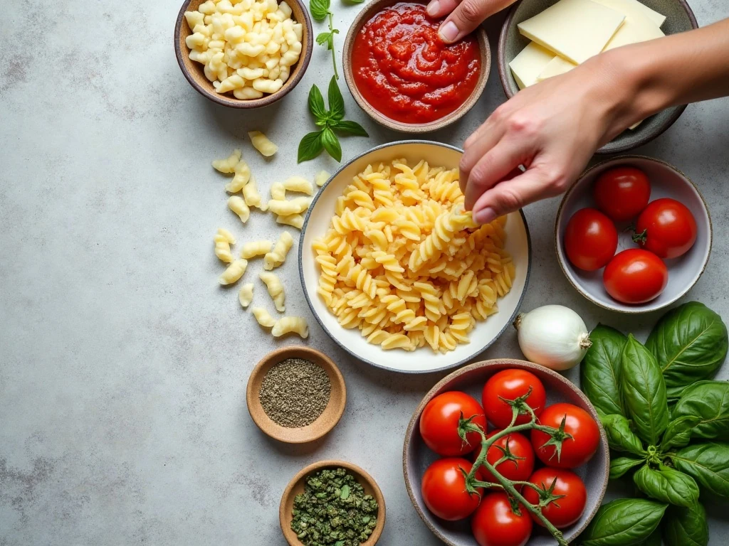Ingredients for easy Margherita pasta bake arranged on a kitchen surface