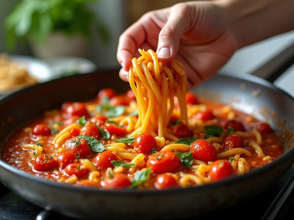 Pasta being mixed with tomato sauce, cherry tomatoes, and basil before baking