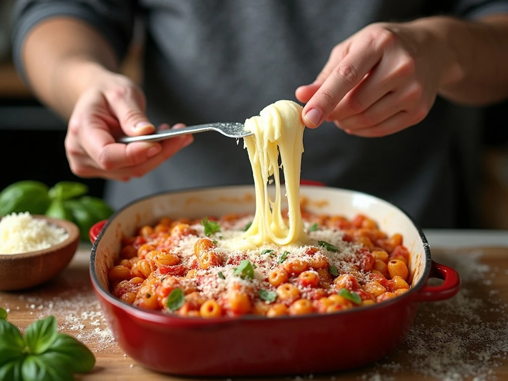 Drained mozzarella being added to the top of a tomato pasta bake
