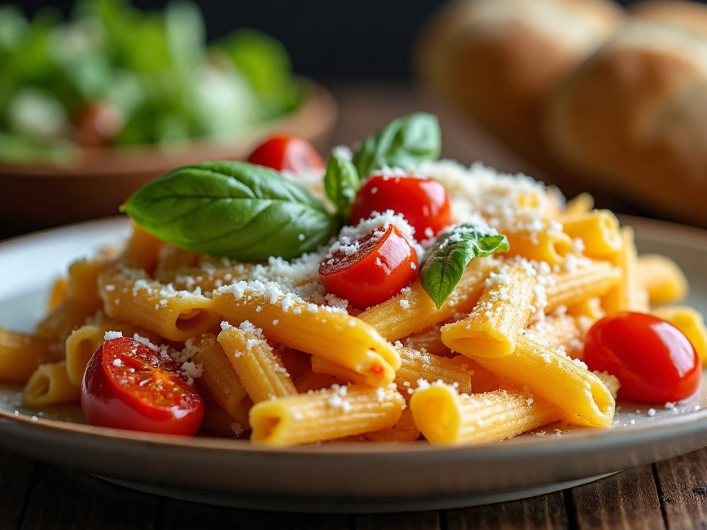Golden cheese and fresh basil garnish on Margherita pasta bake served with salad