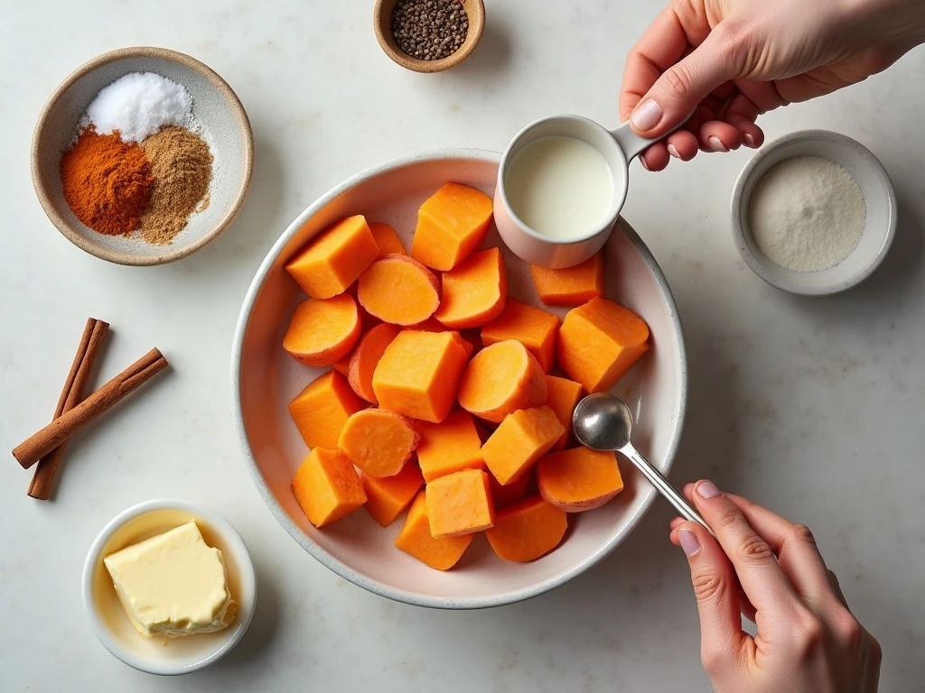 Ingredients for creamy mashed sweet potatoes arranged on a counter