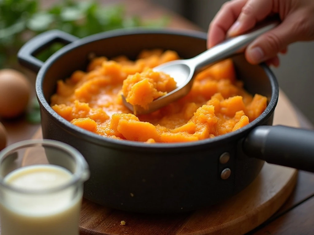 Sweet potatoes being gently mashed with butter and warm milk