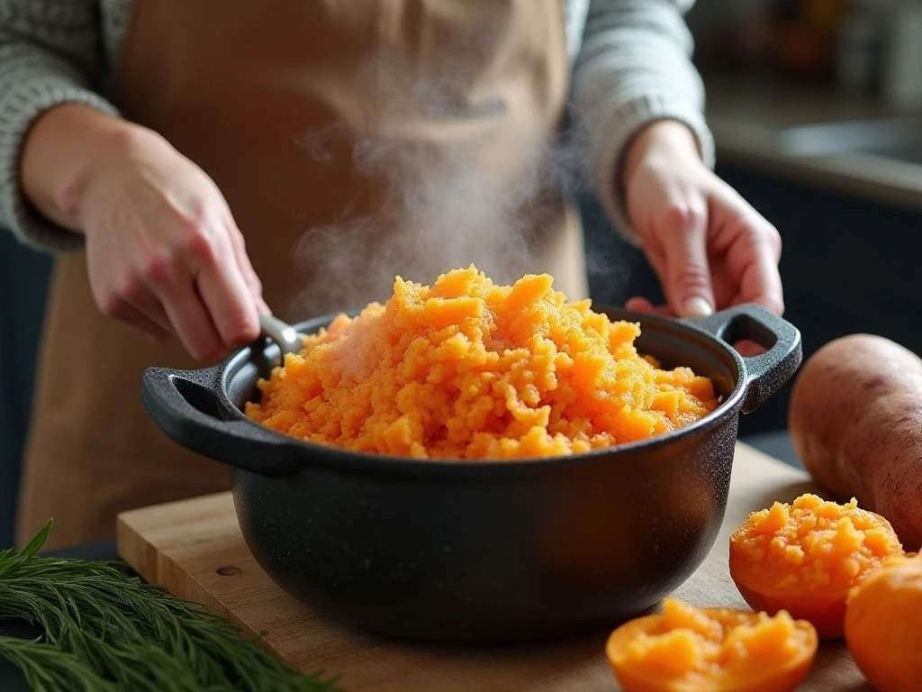 Drained sweet potatoes resting before being mashed