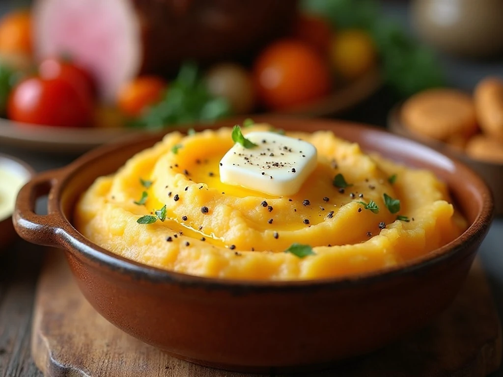 Creamy mashed sweet potatoes served as a warm dinner side dish