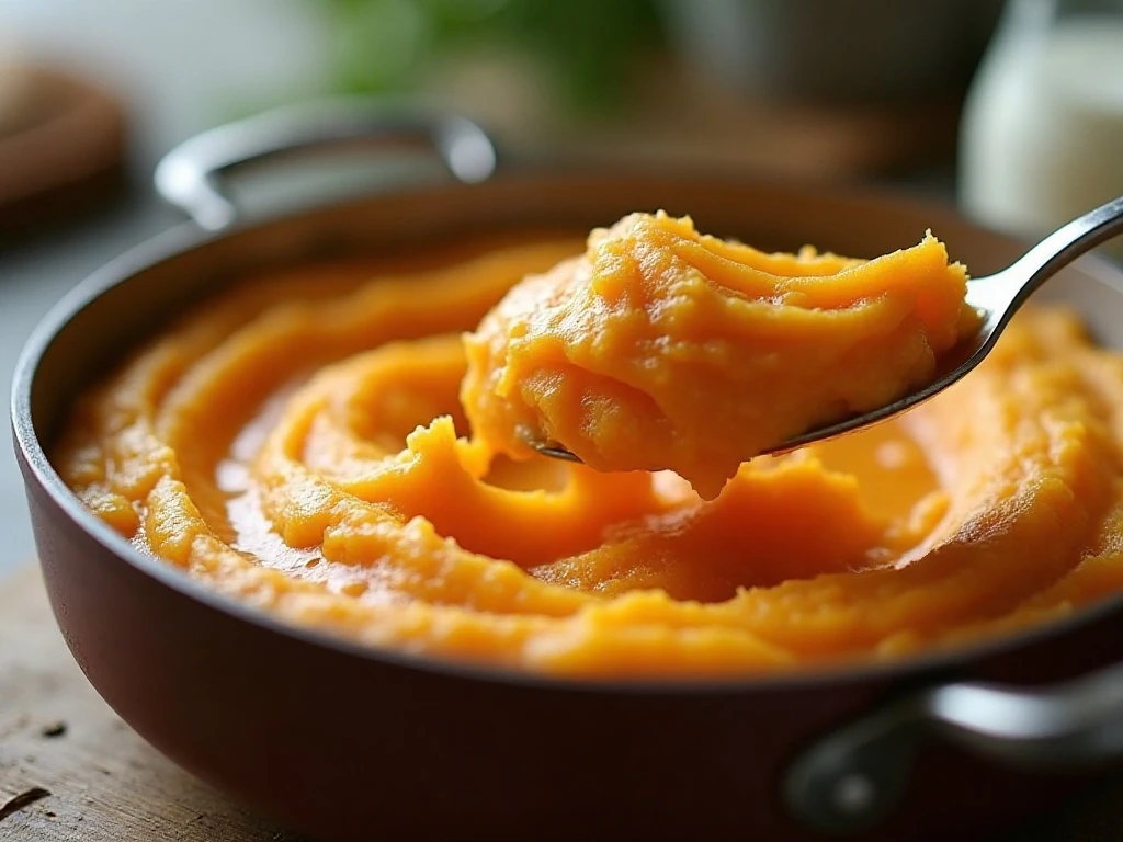 Creamy mashed sweet potatoes ready for reheating or serving