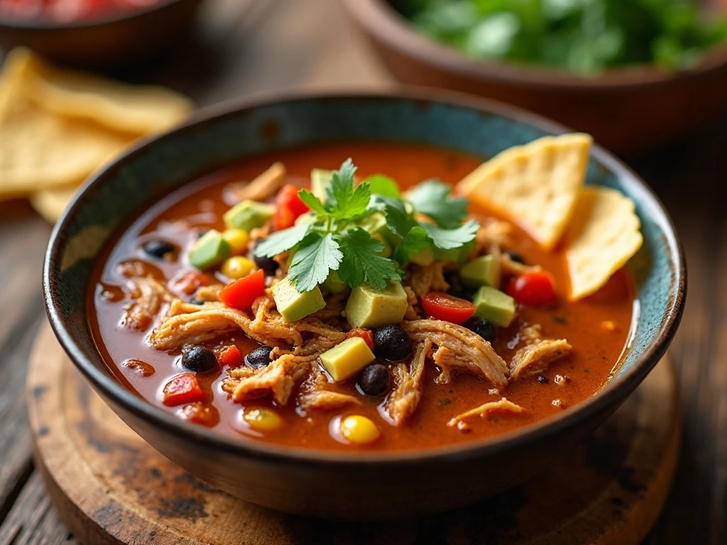 Bowl of easy Mexican chicken tortilla soup with crisp tortilla strips and fresh toppings