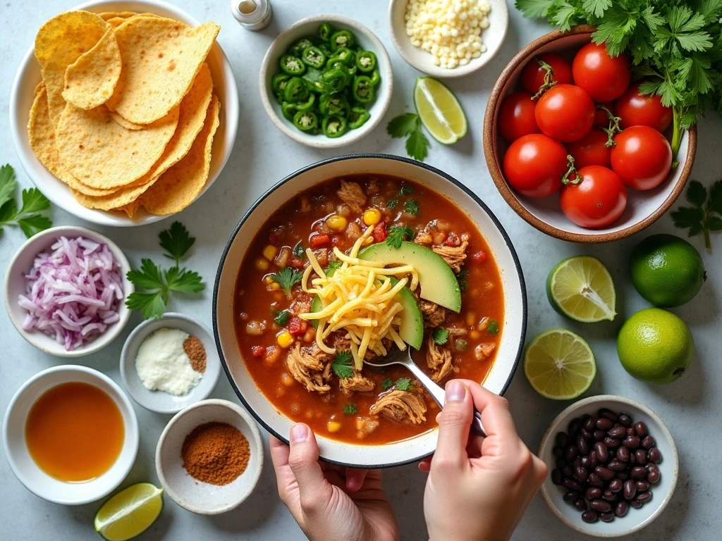 Ingredients for Mexican chicken tortilla soup arranged for cooking