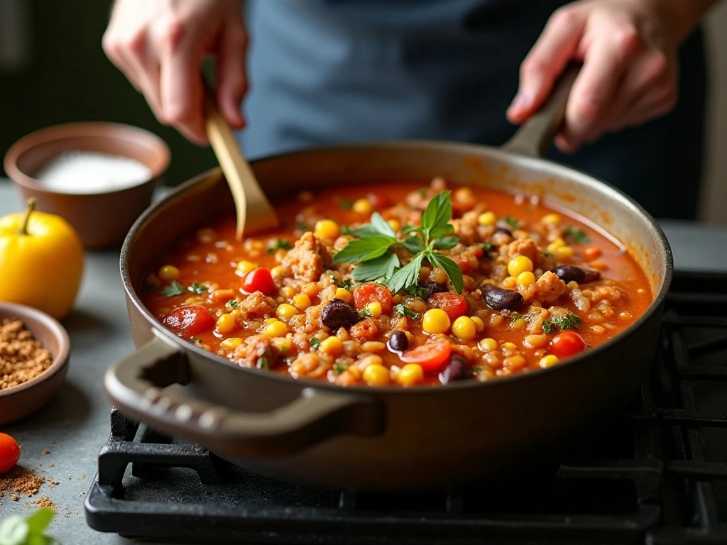 Soup ingredients simmering in a Dutch oven during preparation