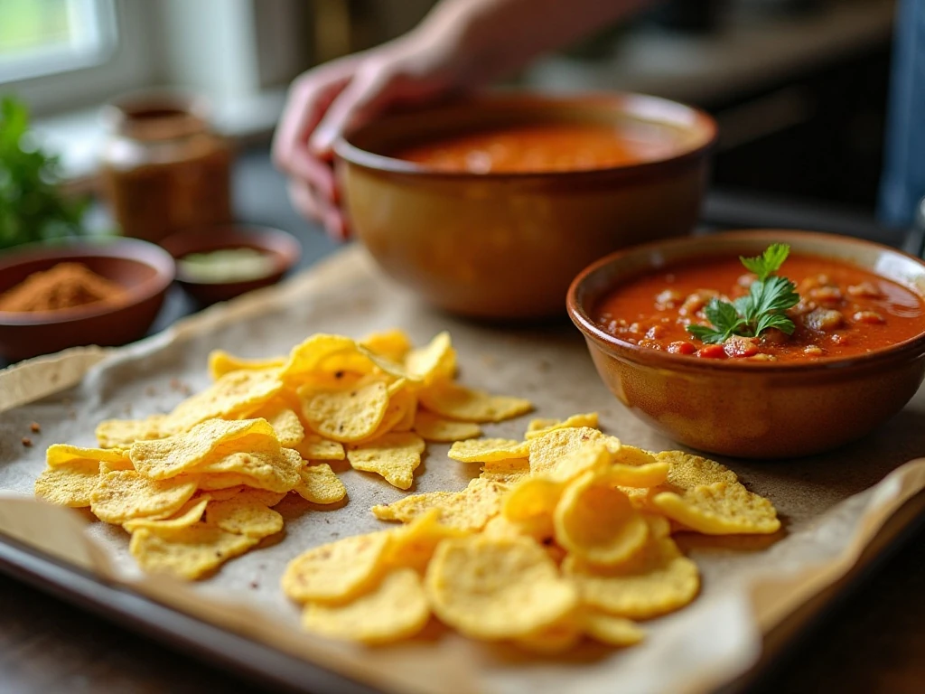 Crisp tortilla strips prepared to serve with chicken tortilla soup
