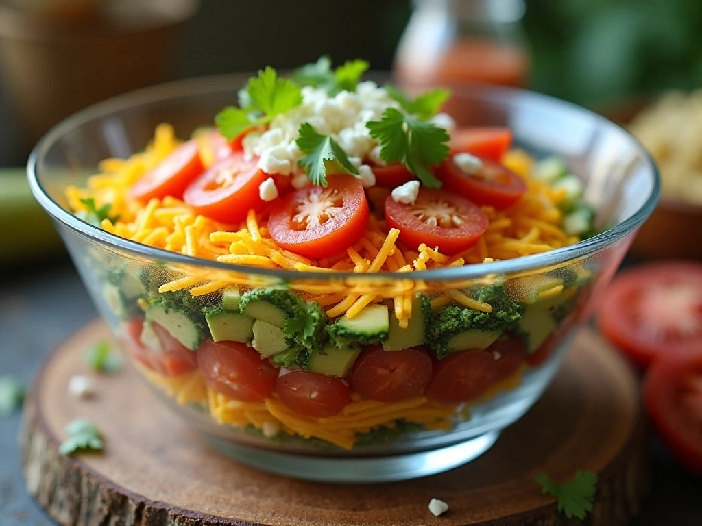 Colorful Mexican layered salad ready for a gathering