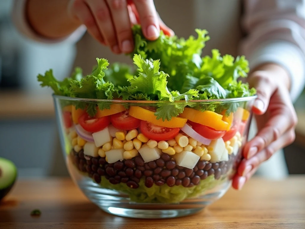Layering vegetables in a Mexican layered salad