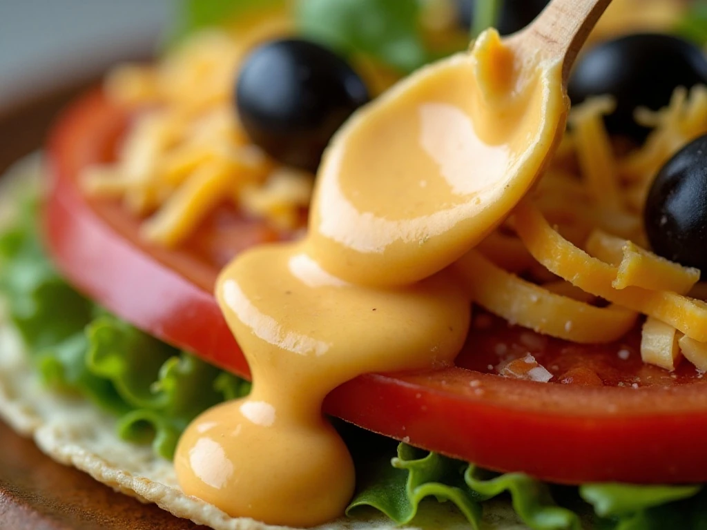 Taco-seasoned dressing spread over layered salad vegetables