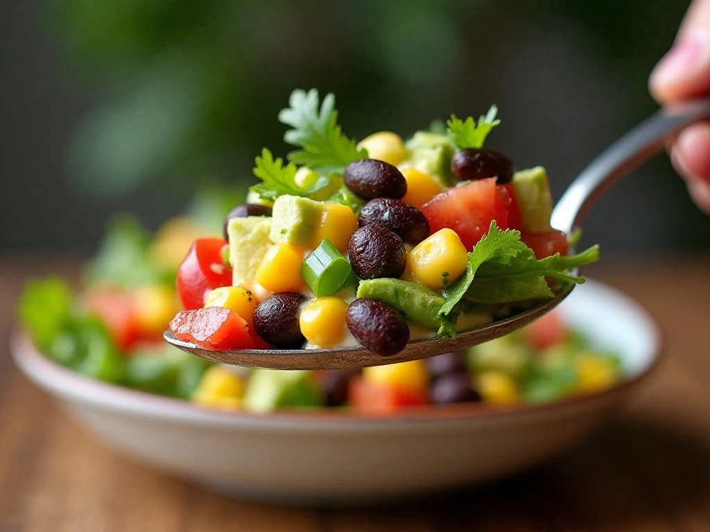 Serving Mexican layered salad with visible colorful layers