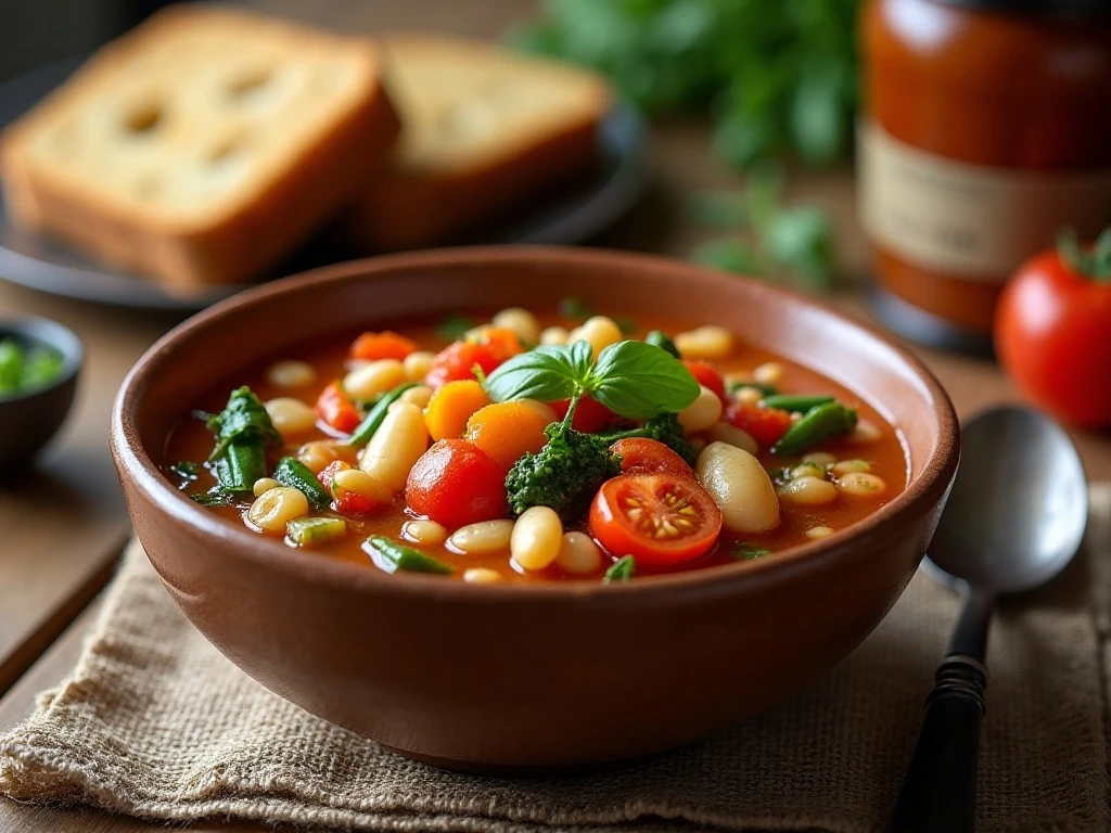 Hearty homemade minestrone soup served for dinner