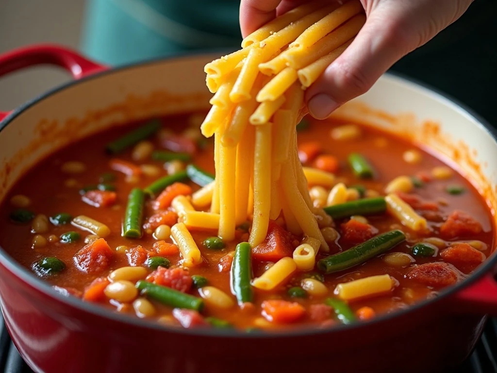 Adding pasta to simmering minestrone soup