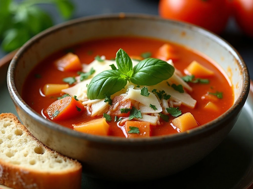 Minestrone soup topped with herbs and Parmesan