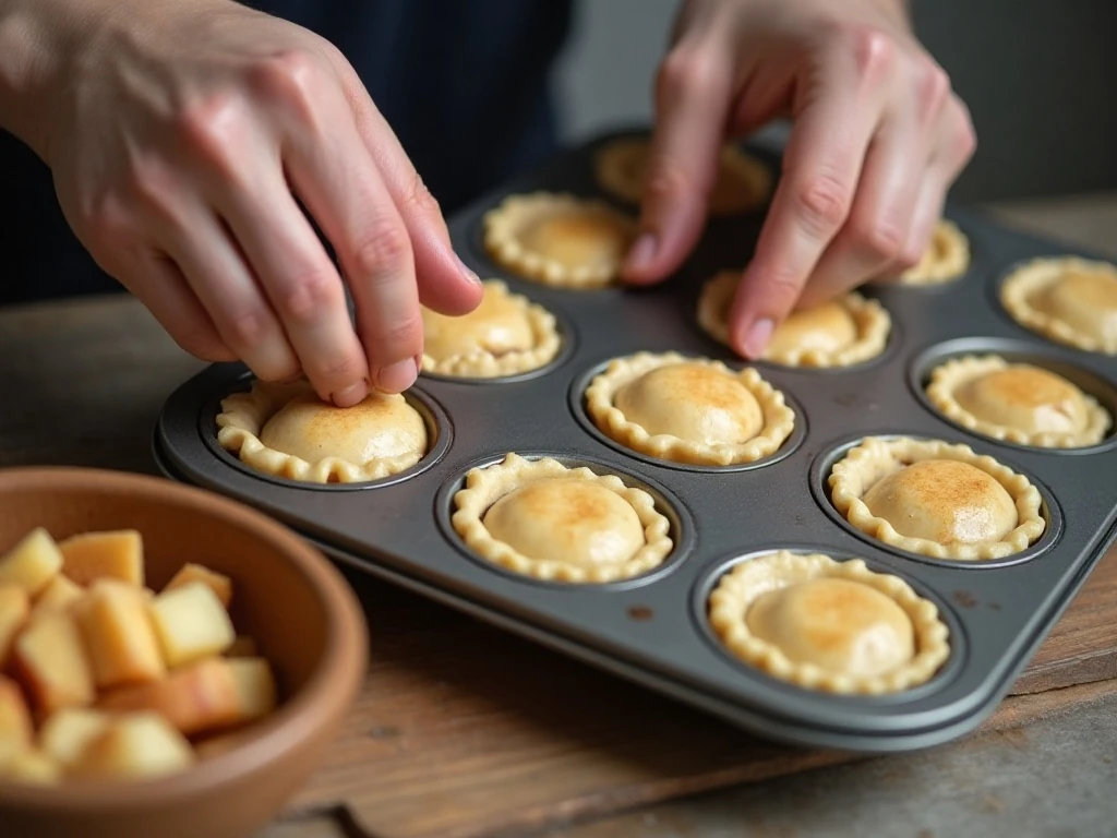Preparing pie crusts and apple filling in a muffin tin