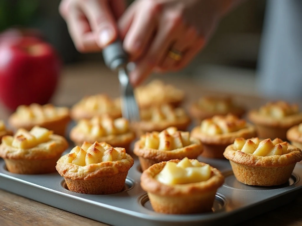 Mini apple pie cups filled below the rim with pastry tops