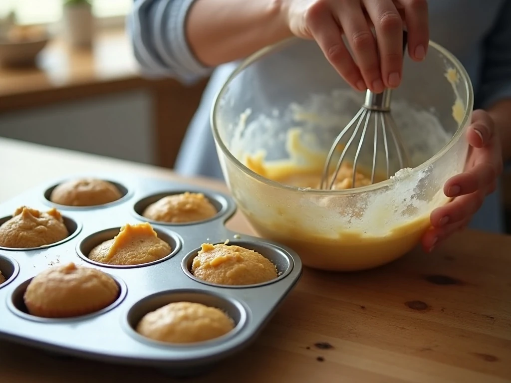 Gently mixing fluffy muffin batter before baking