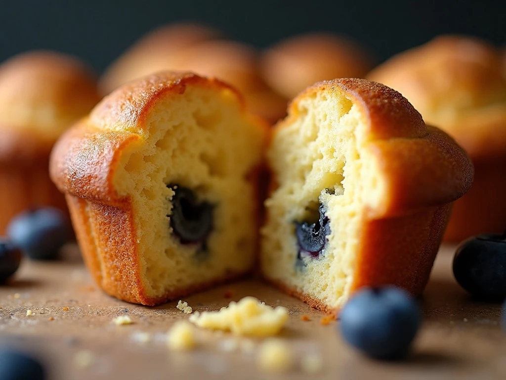 Close-up of the airy crumb and domed top of a fluffy muffin