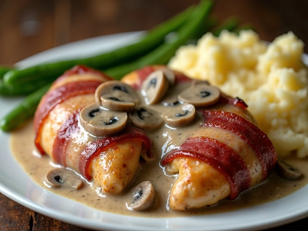 Bacon-wrapped Naughty Party Chicken in creamy mushroom sauce