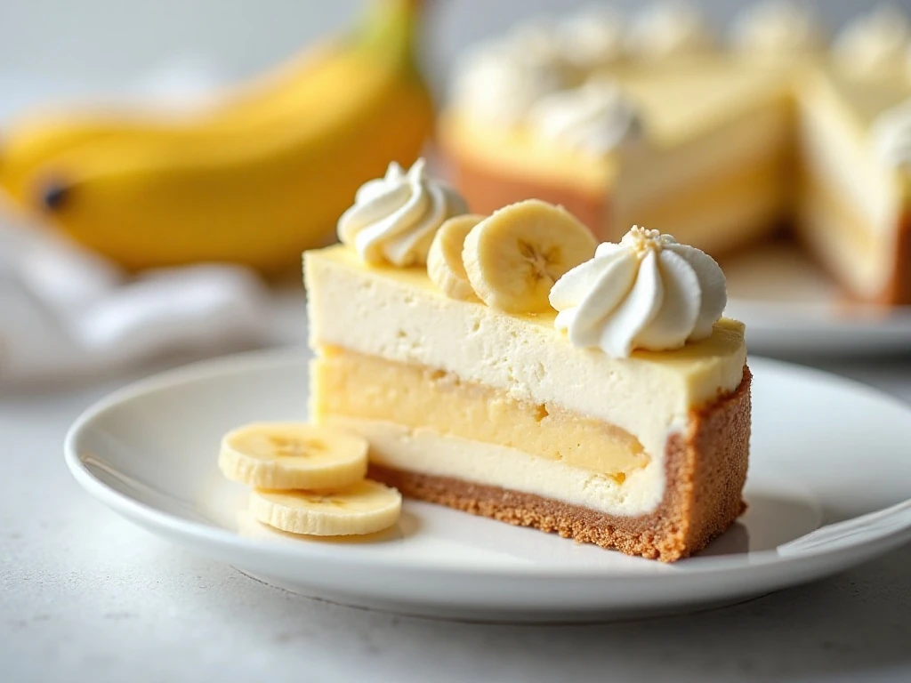 Slice of creamy no-bake banana cream cheesecake with a vanilla-wafer crust