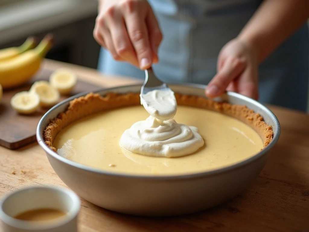 Folding whipped topping into banana cheesecake filling